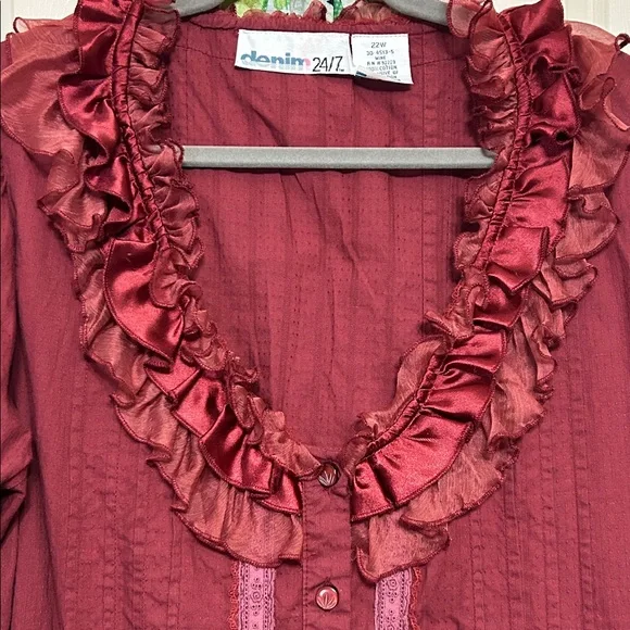 Denim 24/7 Wine Ruffle Cotton Blouse Button up with Lace Trim Fancy size 22 - Picture 3 of 14